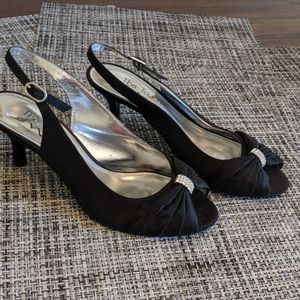 Low heel, black satin sling back with rhinestones